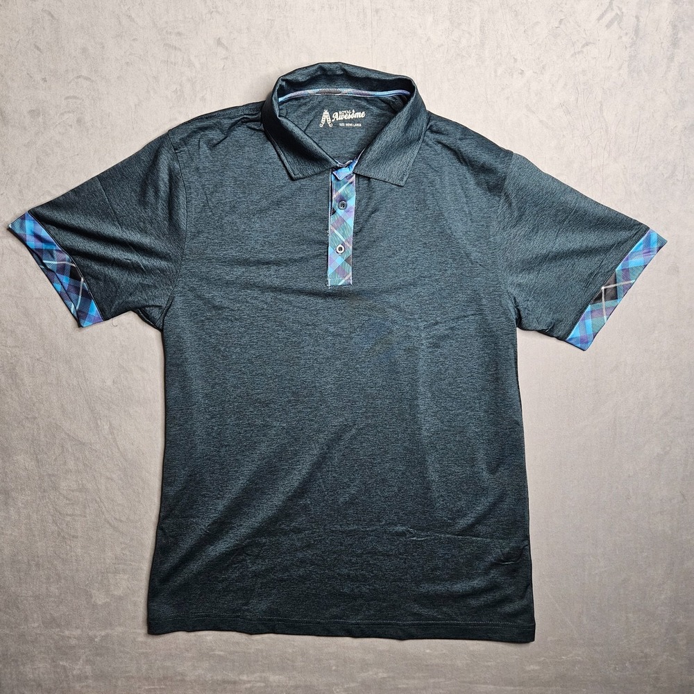 Royal and Awesome Polo Shirt Mens Large Green Blue Tartan Plaid Performance Golf